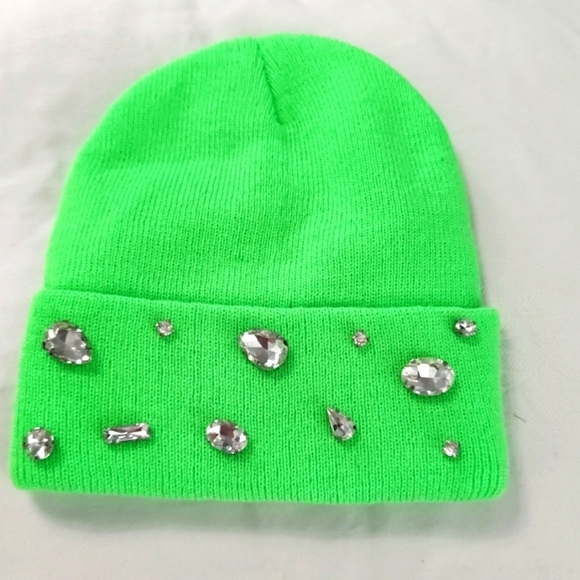 Neon green bling rhinestone beanie - Picture 1 of 4